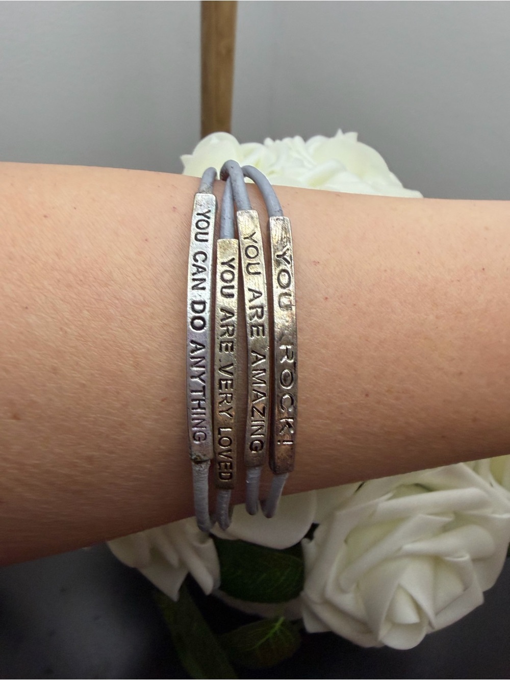 Inspirational Silver-Tone and Light Gray Wrap Bracelet Set